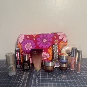 Floral Cosmetic Bag with Estee Lauder Products, Stilla, Benefit, Laura Mercier